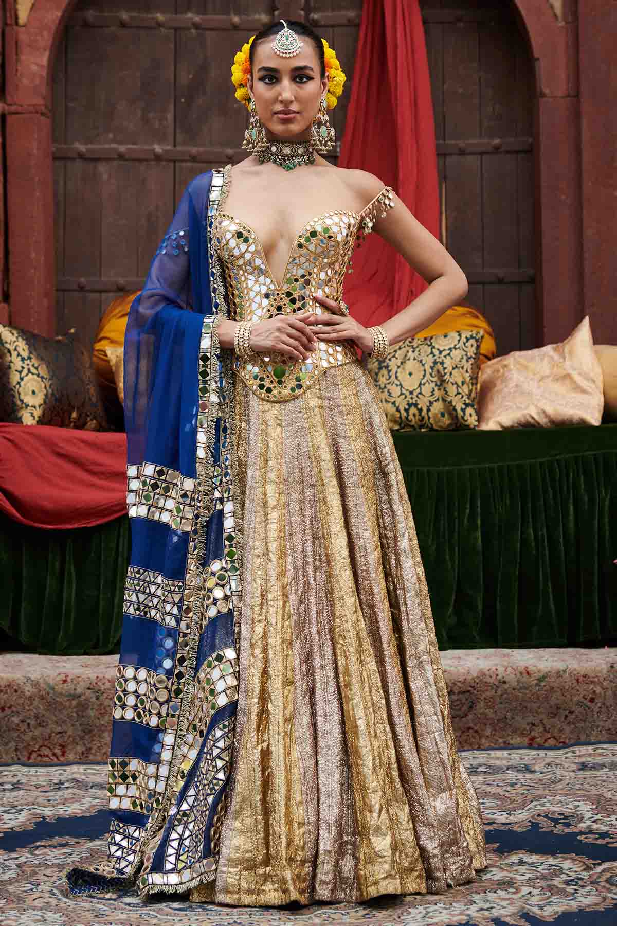 Buy ITRH, Designer Silver & Gold Mirror Lehenga Set Online